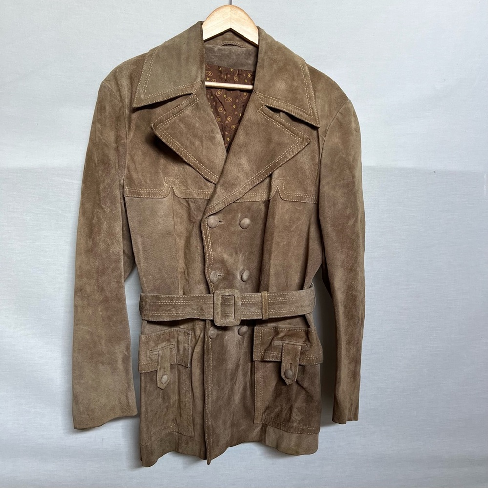 Vintage Men's Brown Suede Double-Breasted Jacket with Belt